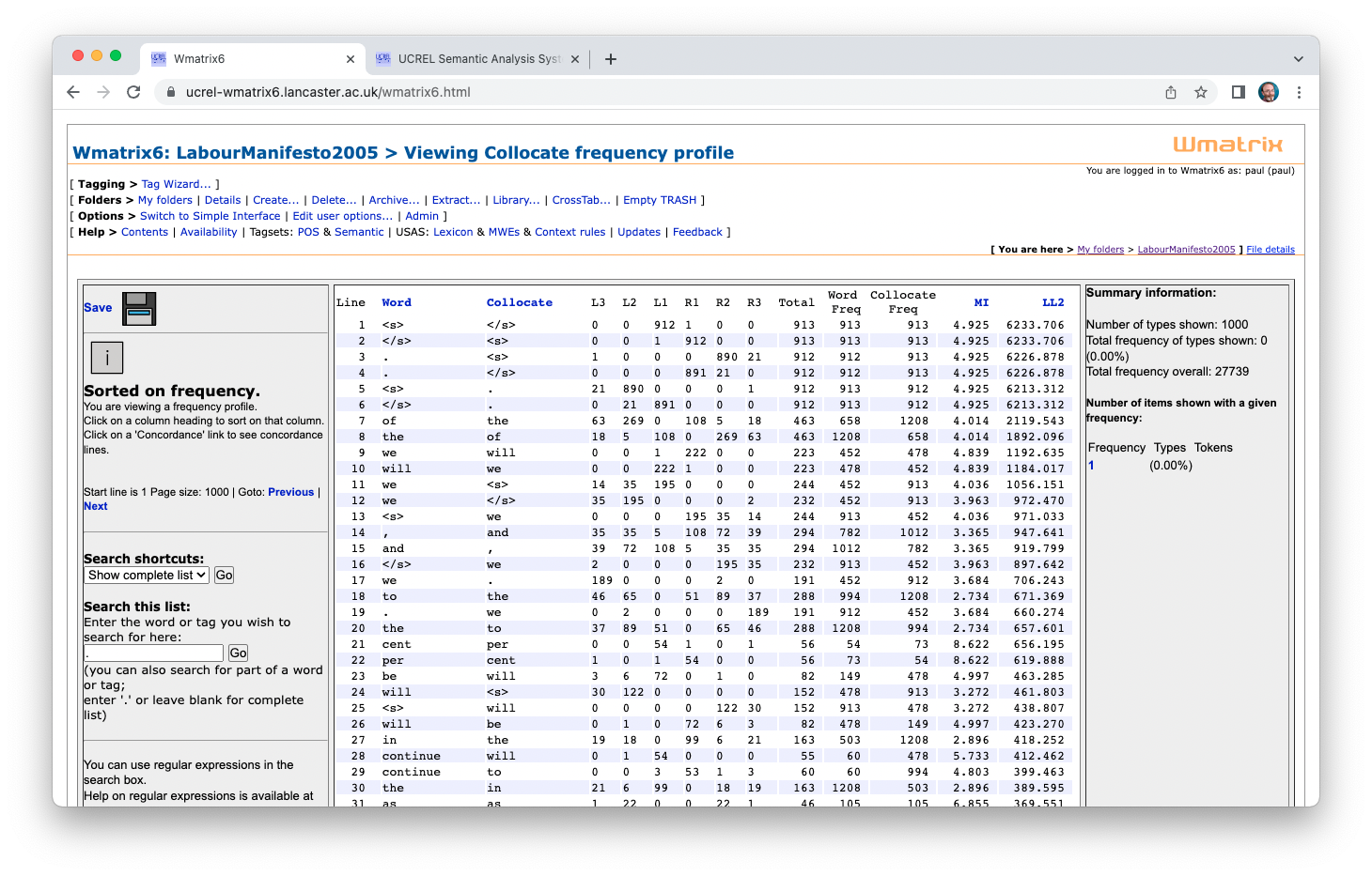 Collocation list sorted by LL2