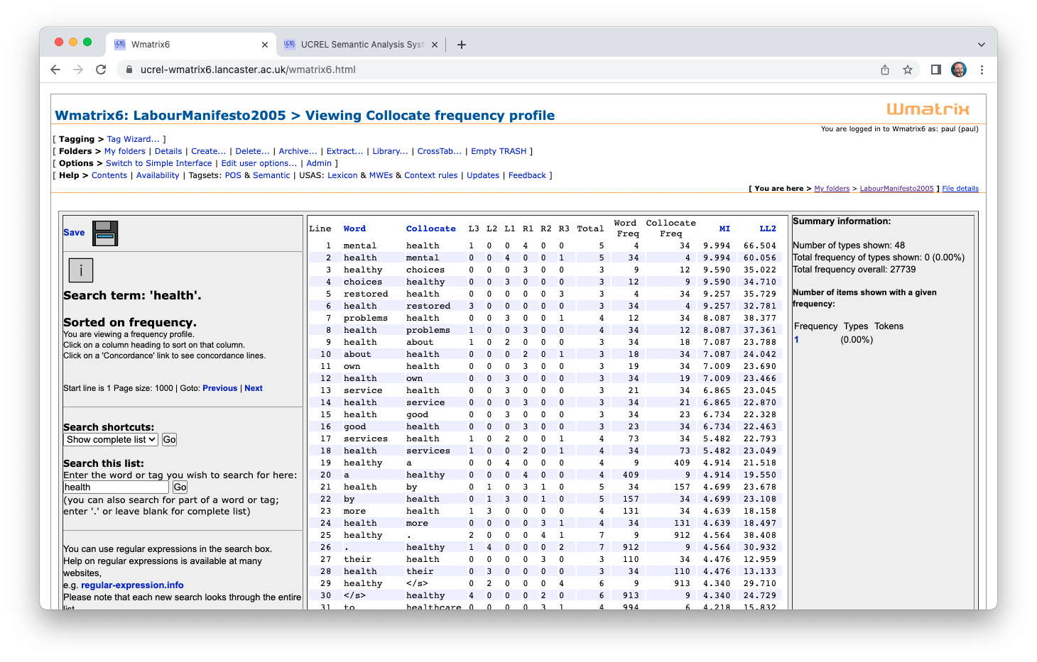 Collocation list sorted by LL2